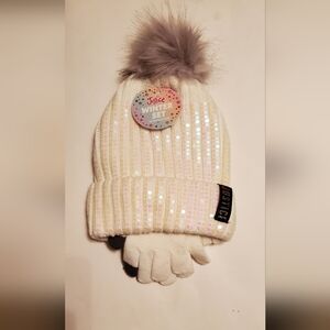Justice White Sequin Winter Hat and Touch Screen Gloves Set New